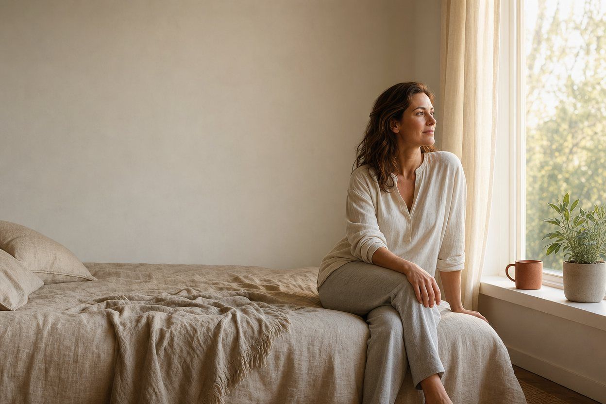 A woman sitting on the edge of her bed by a bright window in the early morning